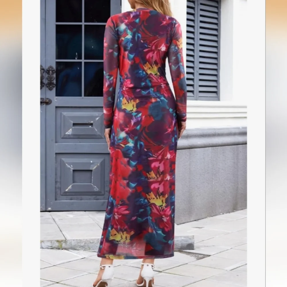 MEROKEETY Floral Sheer Mesh Long Sleeve Fully Lined Maxi Dresses Size XL NWT - Picture 4 of 7